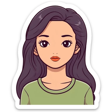 european girl with long black hair, long eyelashes, terracotta lips, light green top sticker