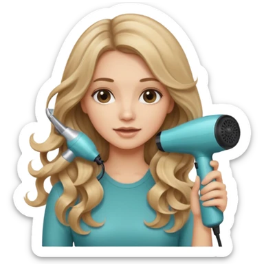 pretty girl with long wavy dirty blonde hair holding a hair blow dryer  sticker