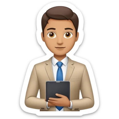business executive confidently, holding a digital tablet or folder. The character wears smart business attire sticker