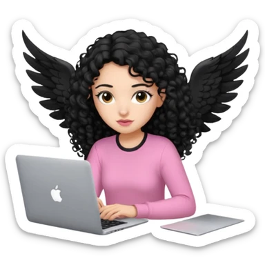 a girl typing mac book air with long black curly hair and brown eyes with winged black eyeliner, pink shirt sticker