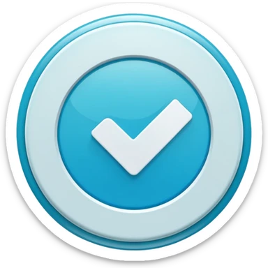 Modern emoji-style  verified icon: cyan-blue circular badge, bold white checkmark, smooth gradient, soft glossy highlights, subtle shine, thick white border, minimalist flat + semi-3D style, smooth edges, high contrast, transparent PNG, high quality, sharp. sticker