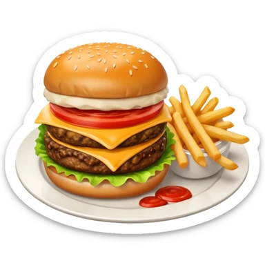 i want a Cheeseburger and Fries with a angle to 15–20° gentle bird’s-eye angle with 2white and red Sause on white plate  sticker