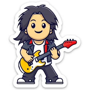 Rockstar musician with long hair, confident smile looking up, rock hand gesture, stage presence, edgy style sticker