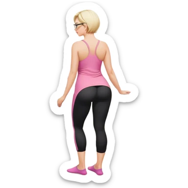 Render from knees up, view from the back, fair skinned woman, curvy, short blond hair, small reading glasses, cooking dinner in kitchen, pink loose tank top, showing natural B cup breast shape SFW, black yoga pants, large curvy booty sticker