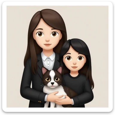 A girl with long brown hair holding the hand of a boy with black hair, both dressed in black, holding a cat and dog sticker