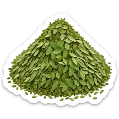 small pile of dried oregano, soft green to olive, crumbly and dry, finely broken leaves, matte texture, 3D clean style, transparent background, optimized for emoji size sticker