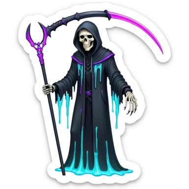Neon Blood Reaper – A futuristic grim reaper with a scythe made of pure plasma, dripping neon liquid from its skeletal fingertips. sticker