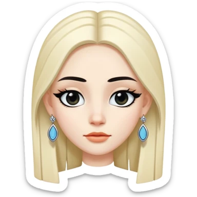 A white skinned girl with a three-dimensional face shape from Europe and America has long, straight black center part hair Upperhung eyeliner and two earrings sticker