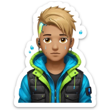 Cyberpunk street young adult, male, messy undercut, puffer vest over hoodie, glowing earpiece, light stubble, brown eyes, neon reflections, raindrops, dark background. sticker