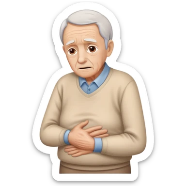 elderly person with a worried face, one hand on their lower back, pain lines below the back sticker