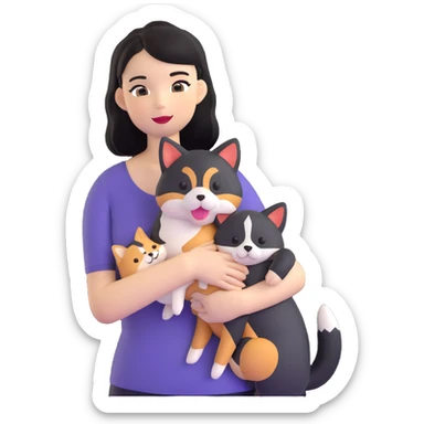 girl with black shoulder-length hair wearing a black tight-fitting top with a calico cat with white mouth and a shiba inu dog sticker