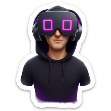 Russian man wearing a black hoodie with "OMG" letters on it and VR headset in a cyberpunk VR environment with violet neon lighting. sticker