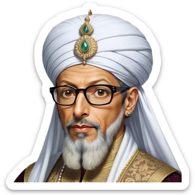 Jeff Goldblum without glasses as a regal portrait dressed as _cinematic-realistic-portrait-of-suleiman-the-magnificent,-depicted-as-a-regal-ottoman-sultan-adorned-with-a-large,-white,-round,-tall-turban-and-a-majestic-grey-beard,-his-commanding-gaze-bathed-in-warm,-historic-lighting-that-exudes-timel sticker