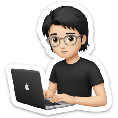 generate a pretty fair bratz boy with a messy mullet (black hair), wearing a black tshirt. Using his laptop sticker