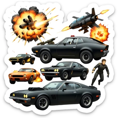 Photorealistic Icon for Action Movies: Dynamic collage of iconic action movie scenes featuring explosions, fast cars, combat, and weapons. Include silhouettes of famous action heroes, dramatic lighting, and a sense of high-octane energy. Transparent background. sticker