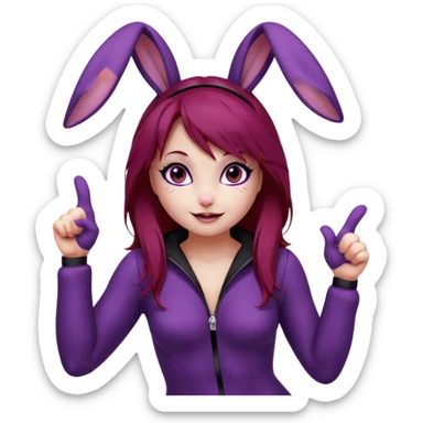 Bunny girl, with dark red crimson hair color, and black bunny ears. Deep purple eyes. Wears a classic bunny suit. List of expressions:
Disappointed expression
Thumbs up with a happy face
Happy face with sparkly eyes
Surprised face like " O_O "
silly and cute dead on the ground with X's on eyes. sticker