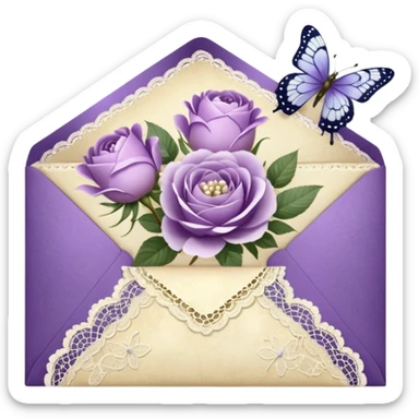 A delicate still life of an aged love letter sealed with golden wax, placed on a vintage lace doily, accompanied by a bouquet of pale purle roses and white peonies, with a shimmering pearl butterfly resting on the envelope. sticker