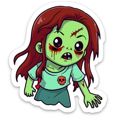 Girl zombie with long flowing brown hair, decaying pale green skin, and creepy undead expression sticker