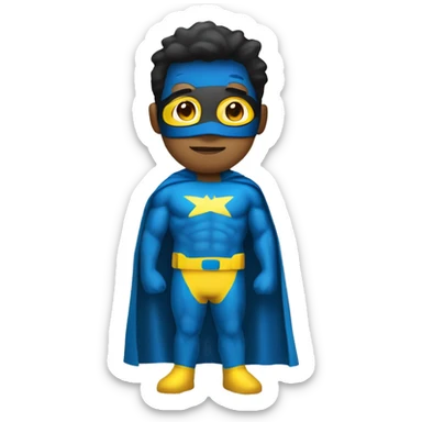 Superhero wearing a yellow and blue suit. He should have a distinctive yellow visor-style mask covering his eyes, shot black hair. heroic expression. sticker