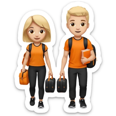 light skin students girl and boy with school bag full of books on back and dumbell in hand. Clothes are in black and orange colours. They are going to the gym sticker