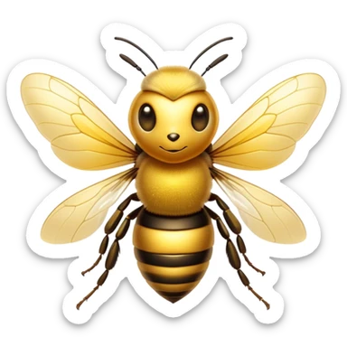 Cinematic Noble Bee Portrait Emoji, Poised and industrious, with a compact, fuzzy body in golden-yellow hues, delicate translucent wings, and a focused, determined expression with sparkling eyes, Simplified yet sharp and sophisticated features, highly detailed, glowing with a soft, sunny radiance, high shine, intelligent and diligent, stylized with an air of natural elegance, focused and alert, soft glowing outline, capturing the essence of a watchful bee that appears ready to buzz out of the screen with effortless authority! sticker