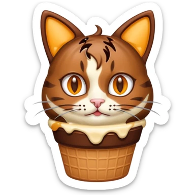 Haz un emoji de un helado de chocolate con sirope naranja, con cara de gato y orejas y bigotes de gato sticker