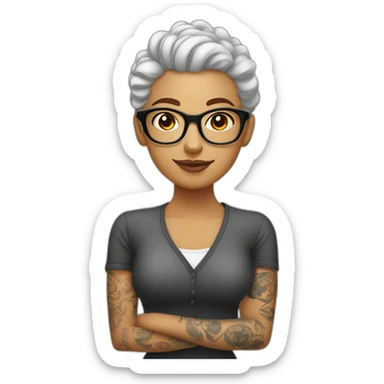 Bald man with tattoos. Young curly-haired lady wearing glasses sticker