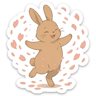 pale brown bunny spinning with flower petals around, soft ghibli style sticker