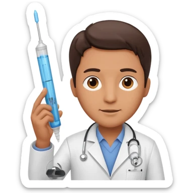doctor of medicine holding very big syringe sticker