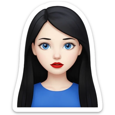 20 yr old woman long straight black hair, pale skin, blue eyes, red lipstick sticker