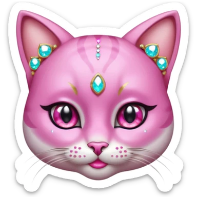 glamorous cat portrait, head and shoulders only, exaggerated pink makeup, bright eyeshadow, long eyelashes, shiny blush cheeks, sparkling face gems, glitter accents, elegant earrings, fantasy beauty style, cute 3D cartoon, mobile game icon style, clean background, no text, no watermark
 sticker