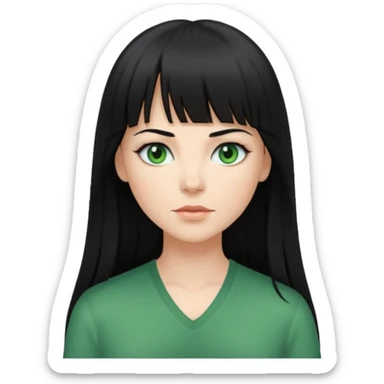 A white woman with Long straight hair with bangs, black hair, green eyes and a low-cut shirt sticker
