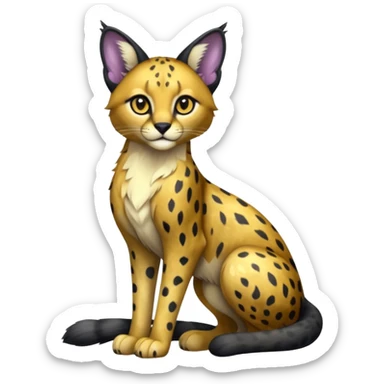 Colorful adorable sitting shiny spectral glittery soft smooth black gloomy dark dull melanistic black-and-gold-glittery wealthy luxurious accessorized elegant beautiful pretty Caracal-Cheetah-Serval-Snow-Leopard-Trico-Sergal-Vernid-fusion-hybrid-animal-creature, full body sticker