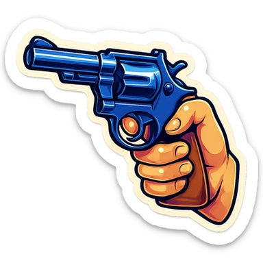 male hand holding a pistol revolver, retro stickers style, sharp black outlines, clear shadows and highlights, no gradients sticker