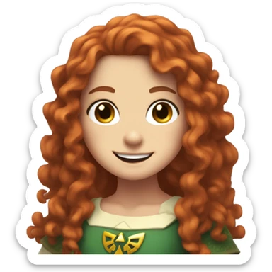 a white girl with long red curly hair and freckles, cosplaying Zelda posing and smiling sticker