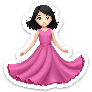 Una chica de 10 años volando con la piel clara el pelo negro y los ojos verdes con un vestido largo y rosa sticker