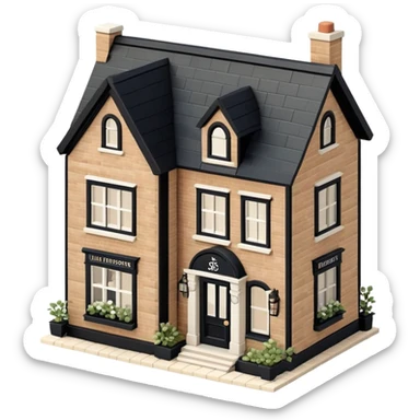 Isometric exterior little black, beige, and white apothecary, dollhouse style 3D realistic  sticker