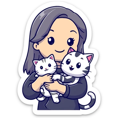 smiling girl with long hair holding a cat with silver stripes sticker