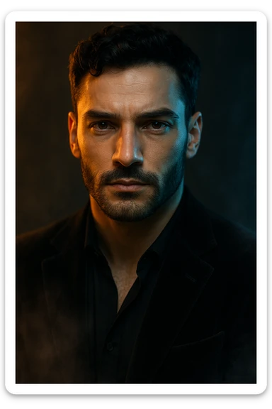 Usa questa immagine come riferimento per creare un ritratto iperrealistico e ravvicinato di un carismatico nodello maschile, ambientato in un contesto editoriale suggestivo. I volto è illuminato da fasci di luce ambrata e blU ghiaccio che contrastano tra loro, esaltando la simmetria marcata della mascella, la sottile barba incolta e uno sguardo penetrante e sicuro. I| modello indossa una giacca sartoriale scura in morbido velluto, leggermente sbottonata sul colletto. Lo sfondo sfuma in un profondo gradiente antracite con una delicata foschia cinematografica e sottili bagliori di luce. Un lieve velo di nebbia avvolge la sua silhouette, accentuando un'atmosfera sofisticata e misteriosa. L'effetto complessivo evoca un'eleganza di alta moda con un tocco moderno e malinconico, ideale per una campagna pubblicitaria di lusso o per la copertina di una prestigiosa rivista. sticker