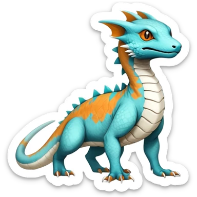 Rare realistic exotic cute white gloomy whitish and orange and cyan epic pretty beautiful handsome gorgeous aesthetic colorful vibrant Vernid-Trico-species-Fakemon-Salandit-hybrid-creature by LiLaiRa, 4 legs, 1 tail, random markings, (full body) sticker