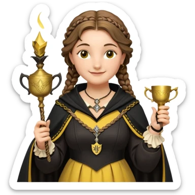 Helga Hufflepuff,the Hogwarts founder of Hufflepuff,brown-haired,2braids,yellow-black medieval dress with black cloak decorated with gold braiding,flickering magic wand and tiny two-handled shiny gold cup engraved with the badger silhouette,very kind smile,curvy busty sweet sticker