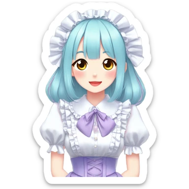 Gorgeous anime style lady blushing face maid outfit Lolita idol model colorful shiny sparkle kawaii pastelcore cottagecore pearly petite simplistic aesthetic trending style sticker