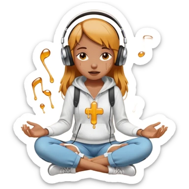 This girl(🧘🏻‍♀️) is sitting cross-legged in a meditation pose, wearing headphones(🎧) and listening to music. The song is so good that honey is dripping from her ears, and her expression is completely dazed because she’s enjoying the music so much. sticker
