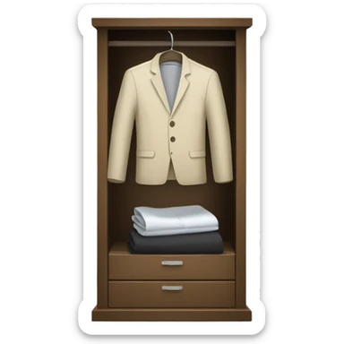 Design an emoji-style icon of an open wardrobe with clothes hanging inside. Include details like a wooden frame, hangers, and only black or white different clothing items such as shirts or any other clothing . Use a clean and minimalistic design. sticker