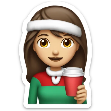 Girl with long brown hair wispy bangs wearing a Santa hat holding a cup of hot chocolate  sticker