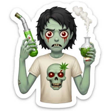 black wavy haired zombie getting stoned with weed t shirt and bong on his hand sticker