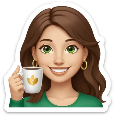 Long, Brown haired girl with middle hair part, green eyes, gold hoop nose ring, smiling, waving with one hand, coffee mug in the other sticker