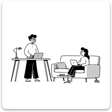 escenary 3d of a cozy mid-century living room with two people working on laptops, one man standing at a desk and one woman sitting on a couch, two walls and floor visible sticker