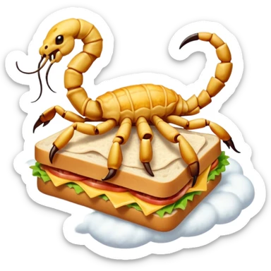 MAKE A SCORPION ON TOP OF A EHITE FLUFFY CLOUD THAT IS HOLDING A SANDWICH IN ITS CLAW AND LOOKING LIKE ITS EATING IT AND NOT ON TOP OF THE SANDWICH sticker