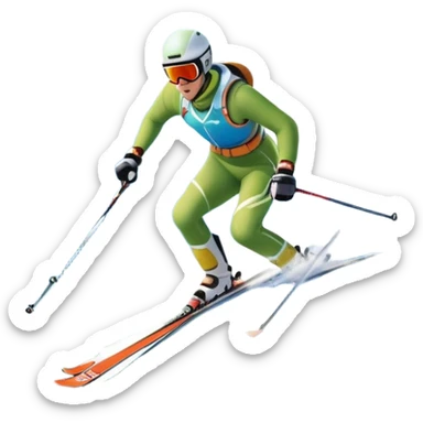 An icon featuring snowy peaks, pine trees, and a picturesque mountain landscape with a skier racing down a snow-covered slope, The sky is blue with soft clouds, capturing the thrill and beauty of alpine skiing. Transparent background highlights the excitement and serenity of winter sports. sticker